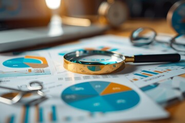 Gold-Rimmed Magnifying Glass On Scattered Charts and Graphs