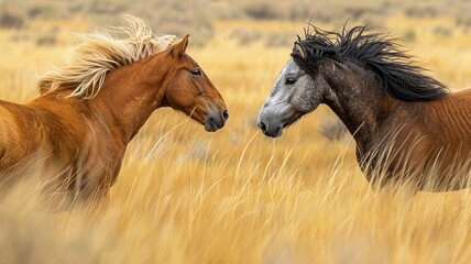 Experience the beauty of freedom as wild horses gallop freely across a vast grassland, their mane and tails flowing in the wind, embodying the untamed spirit and grace of nature.