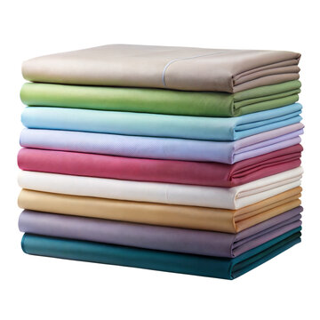 Stack of colorful folded bed sheets on transparent background