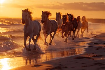 Fototapeta premium Experience the beauty of freedom as wild horses gallop freely across a vast grassland, their mane and tails flowing in the wind, embodying the untamed spirit and grace of nature.