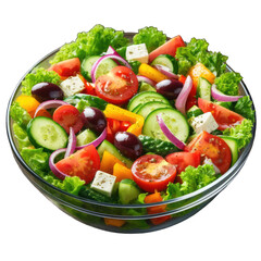 Fresh Greek salad with cucumbers, tomatoes, olives, feta cheese and red onions in a glass bowl, png, on transparent background