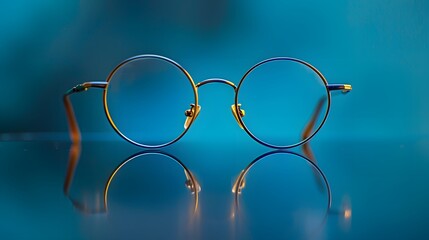 A pair of glasses with thin rim frames on a table against a blue background with reflections in the style of commercial photography.