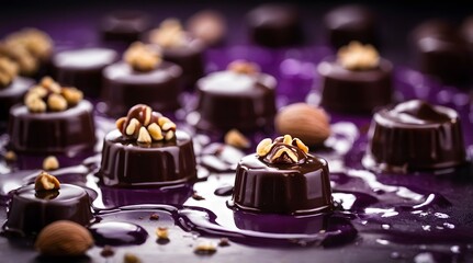 Some purple hazelnut chocolates with chelate liquid poured over them, professional photography, cinematic lighting