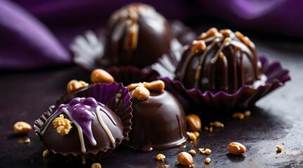 Some purple hazelnut chocolates with chelate liquid poured over them, professional photography, cinematic lighting