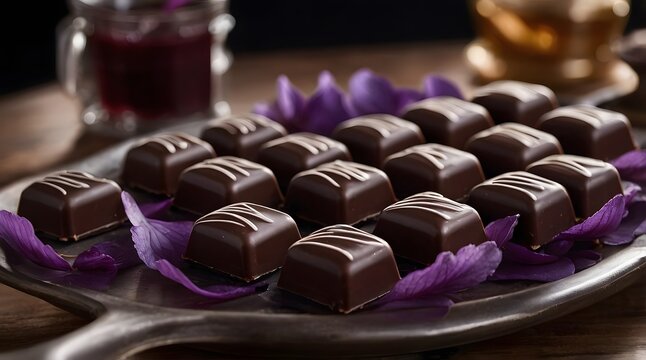 Some purple hazelnut chocolates with chelate liquid poured over them, professional photography, cinematic lighting