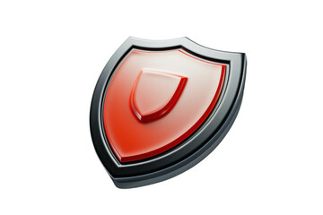 A vibrant red shield icon on a transparent background. representing security, protection, and defense in a sleek and modern design.