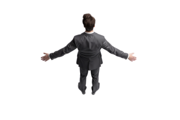 Businessman in a suit seen from behind with arms outstretched, isolated on transparent background. Professional, confident, open gesture.
