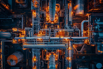 Factory in city, industry and pollution from chimneys, manufacturing technology and environmental impact.