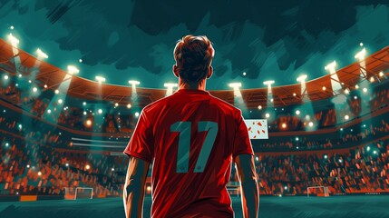 Obraz premium Illustration of the back a football player number 17 in a packed stadium.