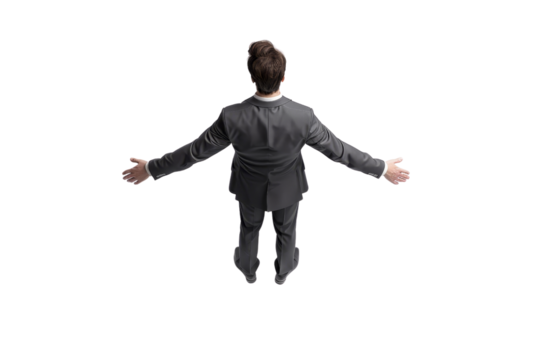 Businessman in a suit seen from behind with arms outstretched, isolated on transparent background. Professional, confident, open gesture.