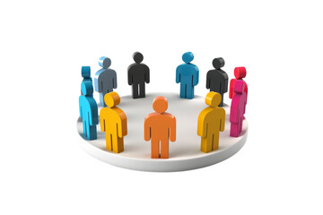 Colorful figures standing in a circle on a white platform, symbolizing teamwork, diversity, and unity in a 3D illustration.