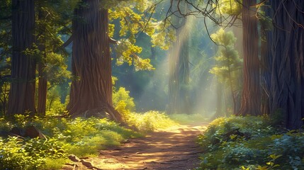 Obraz premium A serene forest scene with towering redwood trees, sunlight filtering through the leaves, and an empty dirt path leading into the distance. captures nature's tranquility.