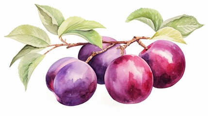 A watercolor of plums clipart, isolated on white background