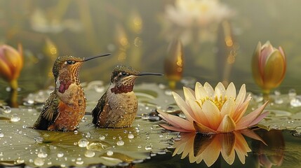   Two hummingbirds perched on a lily pad in a tranquil pond, surrounded by vibrant water lilies