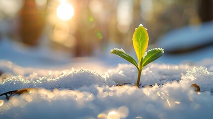 A small green seedling sprouting from the ground in snow, with a blurred background of trees and sunlight. The scene captures nature's beauty as it celebrates hope amidst cold weather.