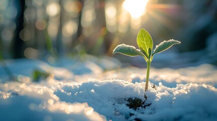 A small green seedling sprouting from the ground in snow, with a blurred background of trees and sunlight. The scene captures nature's beauty as it celebrates hope amidst cold weather.