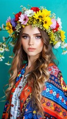 Naklejka premium a young woman with wavy hair adorned with a flower