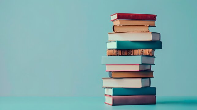 A stack of books on blue background, symbolizing knowledge and education. The pile includes various sizes and colors to show diversity in reading materials.