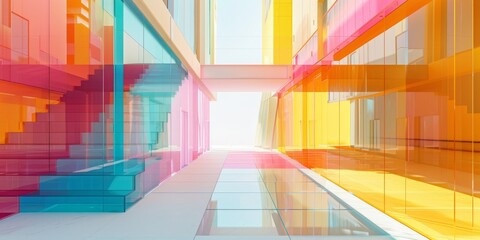 Fototapeta premium Modern Building Interior With Colorful Glass Walls and Stairs