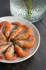 Grilled shrimps on a plate, Macrobrachium rosenbergii, freshwater shrimp