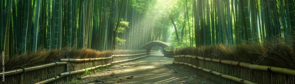 Aufkleber serene bamboo forest path with sunlight filtering through tall green trees and tranquil atmosphere, 