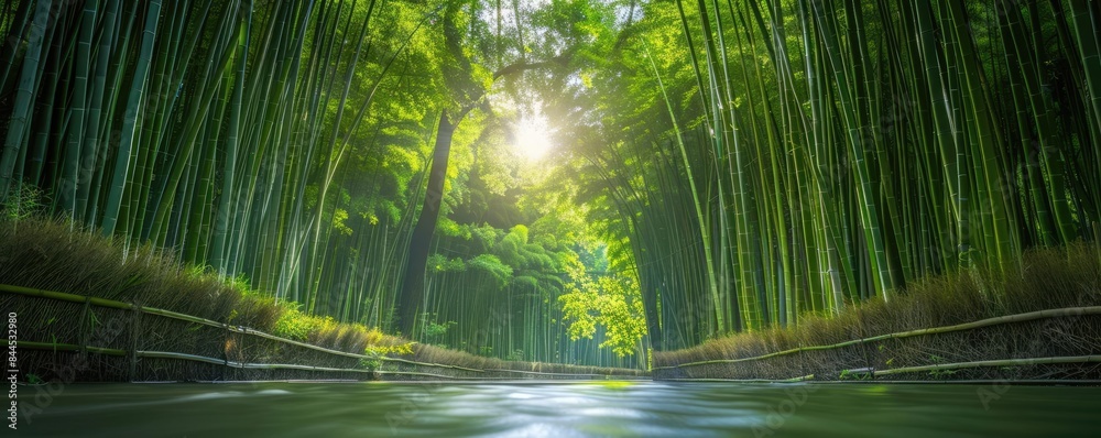 Poster Sunlight streaming through towering bamboo trees over a tranquil pathway in a serene forest setting, creating a peaceful and natural atmosphere.