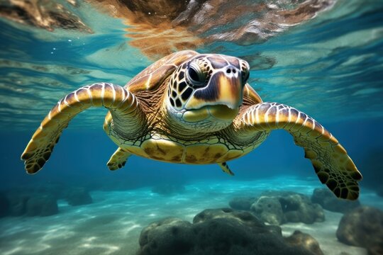 Close-up shot of a sea turtle gliding through the clear blue ocean, showcasing its intricate shell patterns