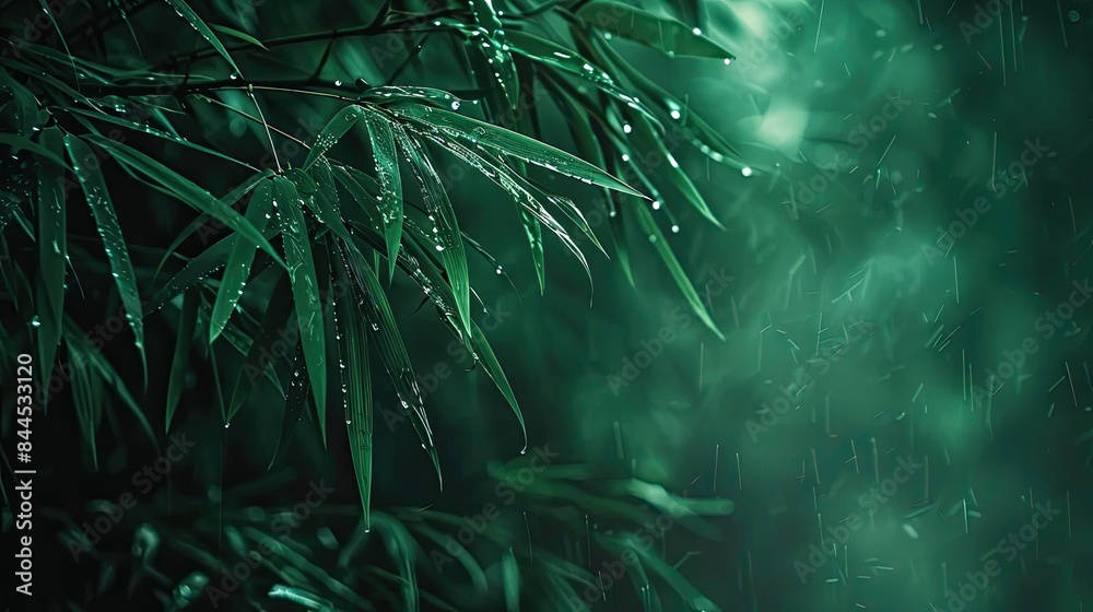 Poster close-up of lush green bamboo leaves with dew drops delicately hanging after a rain, creating a sere