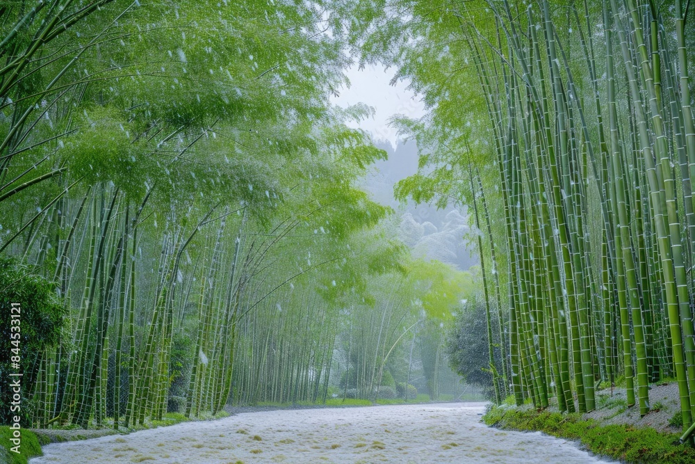 Poster serene pathway through a lush bamboo forest on a foggy day, creating a peaceful and tranquil atmosph