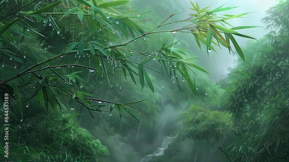Aufkleber lush green bamboo forest with raindrops on leaves, enveloped in mist, creating a serene and tranquil
