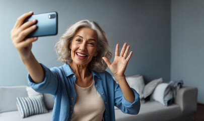 senior woman making selfie, photorealistic illustration of happiness in pension concept and activity in elder age