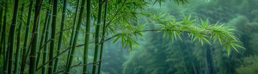 Serene bamboo forest with lush green foliage and misty background, creating a tranquil and peaceful atmosphere.