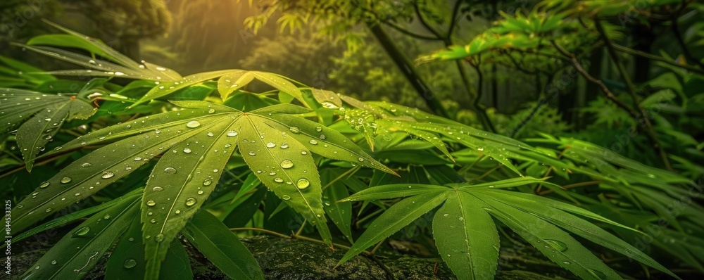 Poster lush green foliage with dewdrops in a serene forest setting, creating a tranquil and fresh atmospher