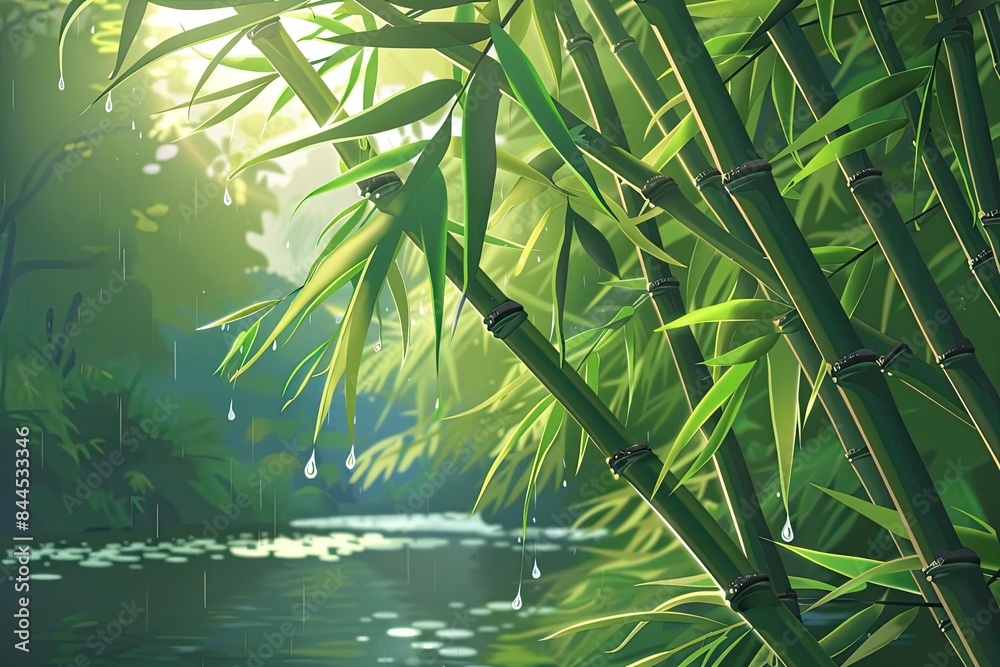 Poster serene bamboo forest by a misty river. sunlight filtering through lush green leaves, creating a tran