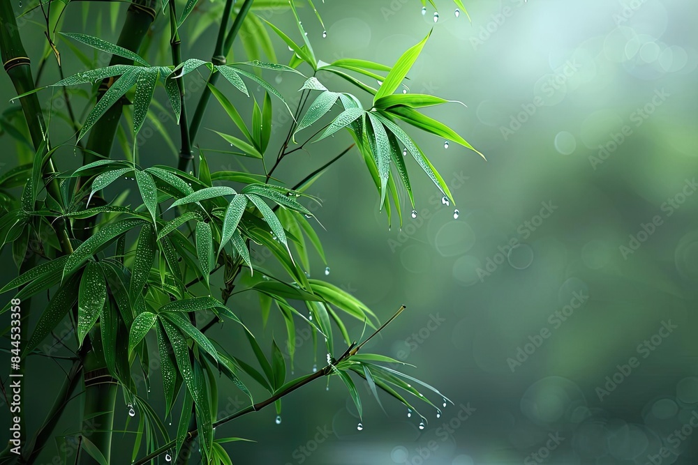 Poster close-up of bamboo leaves with water droplets on them, creating a serene and peaceful natural atmosp