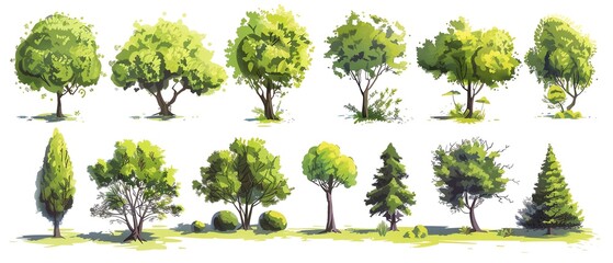 Fototapeta premium Collection of vibrant, green trees and shrubs, stylized illustrations, isolated on white