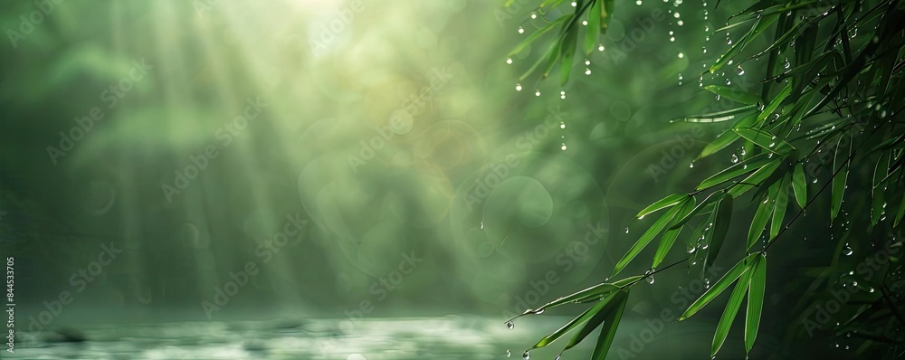 Aufkleber serene green forest with sunlight filtering through bamboo leaves and dew drops, creating a peaceful