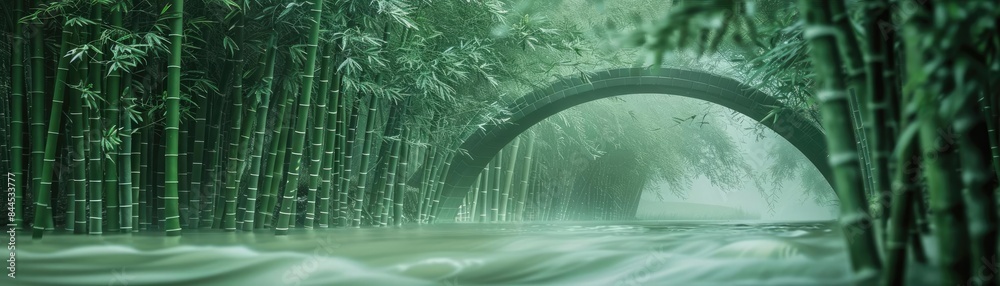 Poster serene bamboo forest with an arched stone bridge over a flowing river, enveloped in mist and lush gr