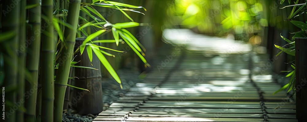 Poster peaceful bamboo forest walkway with green foliage and soft lighting, creating a serene and tranquil 