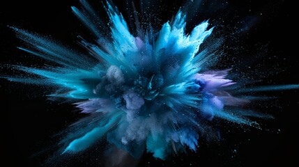 Exploding aqua dust particles in motion, creating a colorful and surreal scene. Horizontal impact with cosmic and fantasy elements. Ideal for creative concepts, festivals.