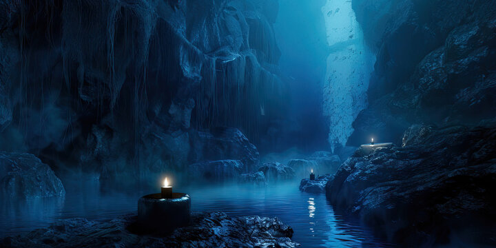 Enigmatic Offerings: Cryptic Rituals Unfolding in Forgotten Depths, Bathed in Midnight Blue