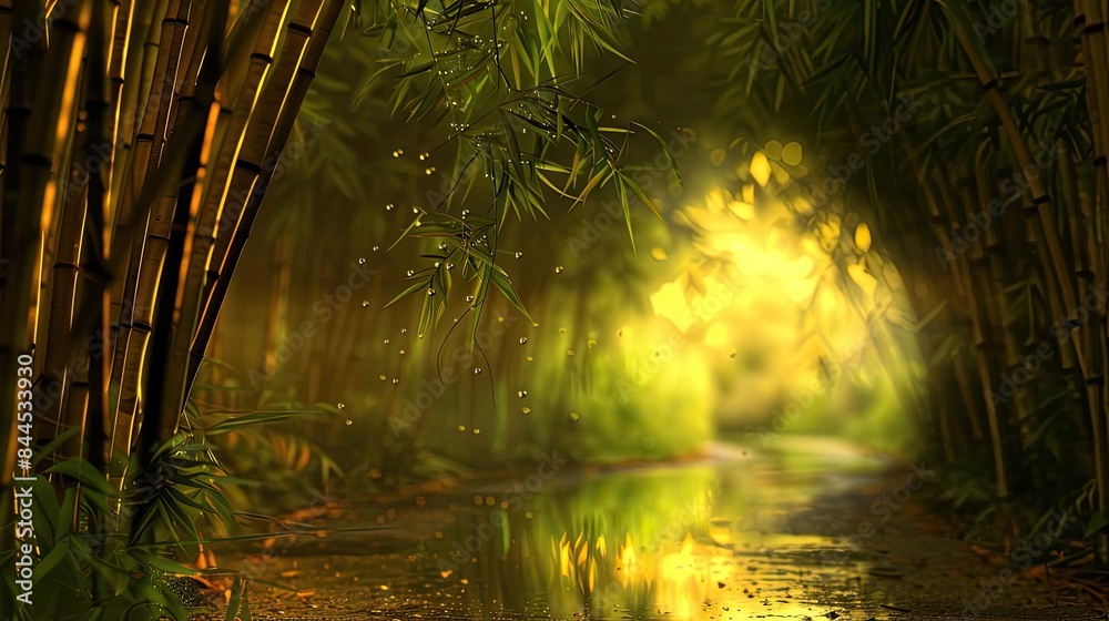 Poster Enchanting bamboo forest pathway with sunlight filtering through, creating a serene and mystical atmosphere perfect for nature enthusiasts.
