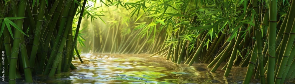 Aufkleber serene bamboo forest with sunlight shining through the tall green stalks and reflecting on a tranqui