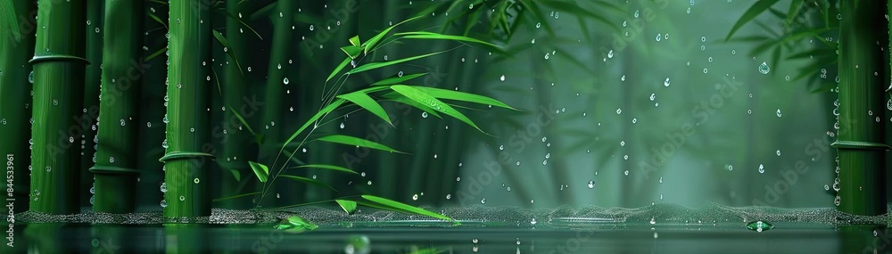 Poster serene bamboo forest with mist and water droplets creating a tranquil and peaceful atmosphere, perfe