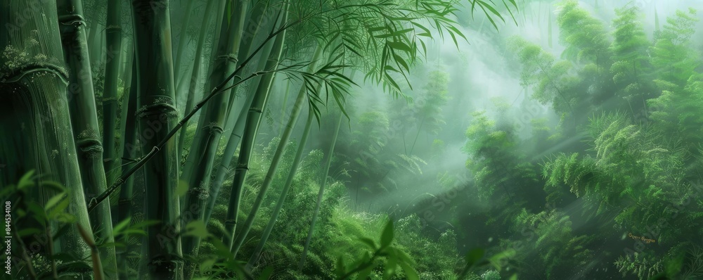 Poster lush green bamboo forest with dense foliage and misty atmosphere, creating a serene and tranquil nat