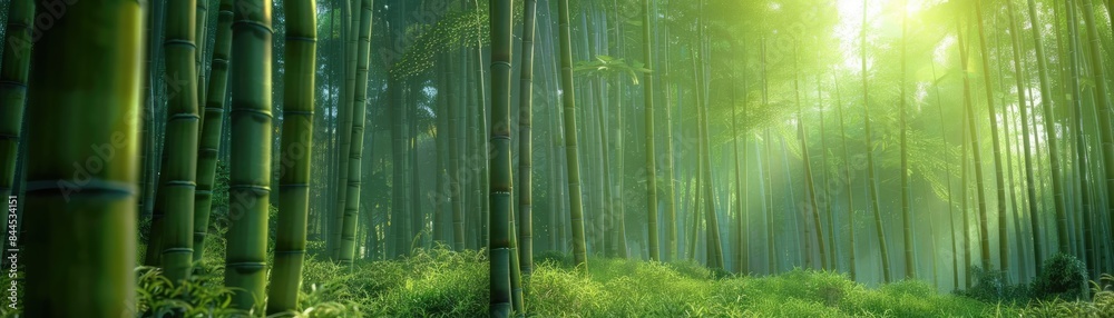 Poster a tranquil bamboo forest with sunlight filtering through the dense green foliage, creating a peacefu
