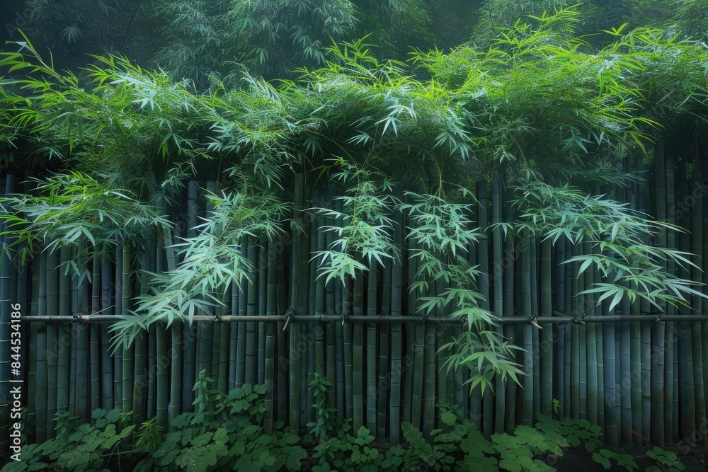 Poster lush green bamboo leaves cascading over a bamboo fence in a dense forest, creating a serene and natu