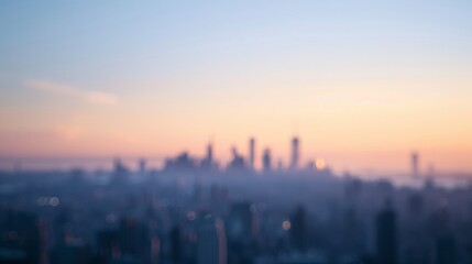 Fototapeta premium The hazy dreamlike sky sets the tone for a calm and rejuvenating start to the day as the defocused city skyline fades into the distance. .