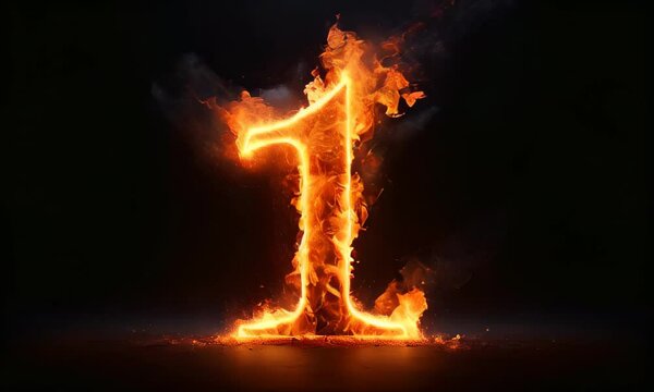 number 1 in bright, glowing flames, with a mix of orange and yellow hues. The fire creates a dramatic and intense visual effect against a pitch-black background, emphasizing the heat and light