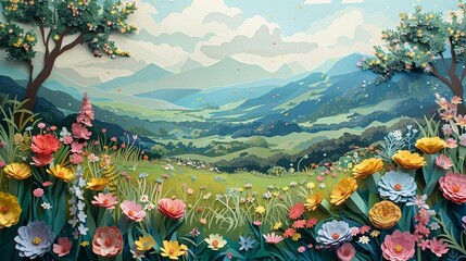 Fototapeta premium 3D paper art of a meadow with colorful wildflowers, Light pastels, Intricate layers, serene pastoral landscape